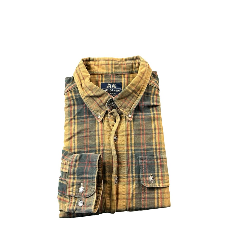 Willis & Geiger Brown Green Tartan Utility Cotton Mens L/S Shirt Size XL VTG